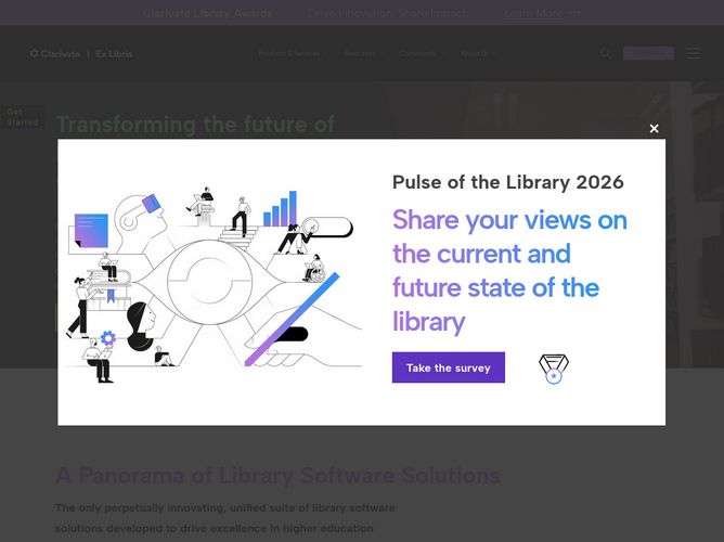 The website screenshot for https://www.exlibrisgroup.com/