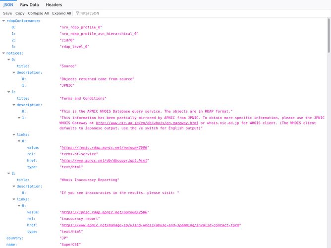 The website screenshot for https://jpnic.rdap.apnic.net/autnum/2506