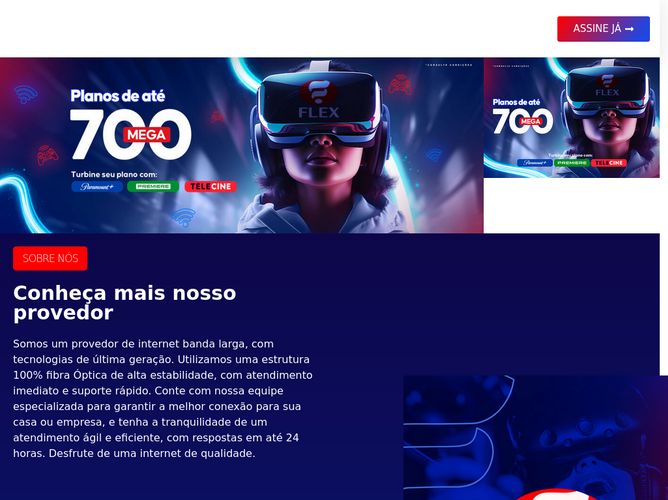 The website screenshot for https://www.flexfibra.com.br