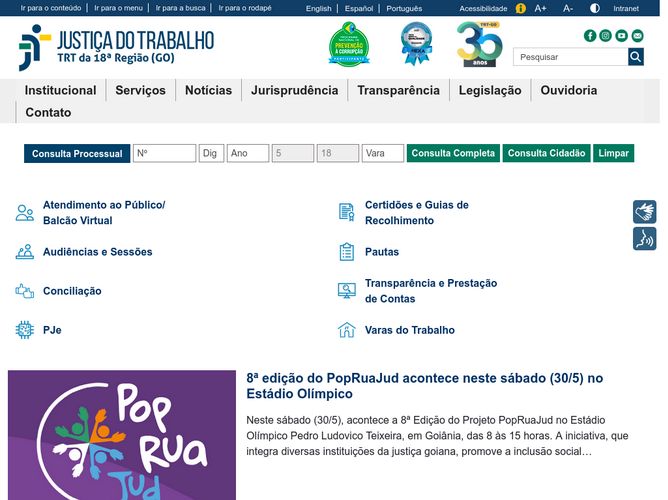 The website screenshot for https://www.trt18.jus.br/