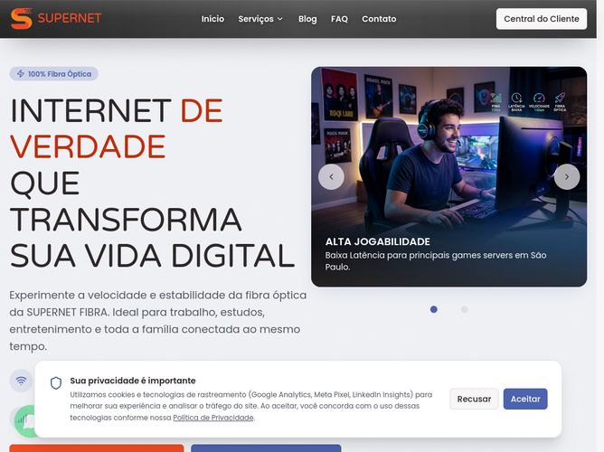 The website screenshot for https://www.supernetfibra.com.br/