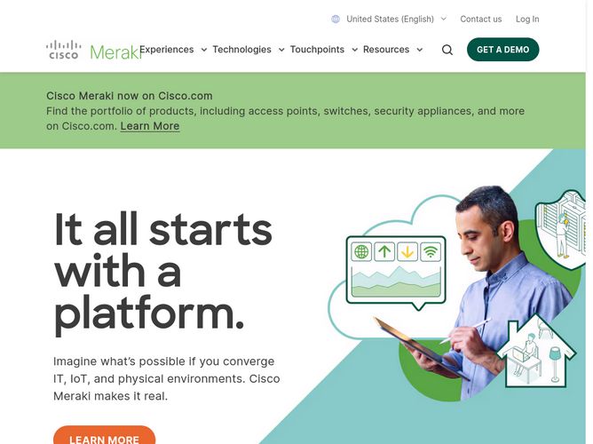 The website screenshot for http://meraki.com