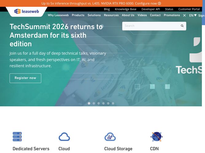The website screenshot for https://www.leaseweb.com/
