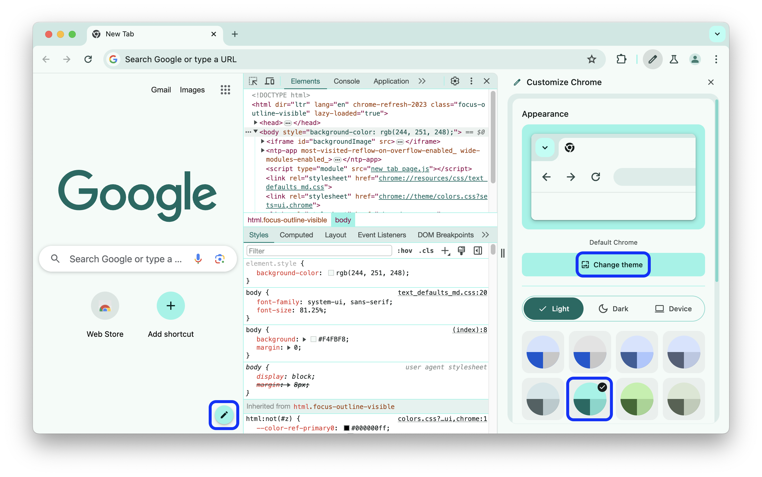 DevTools past het kleurenthema aan dat is geselecteerd in Uiterlijk.