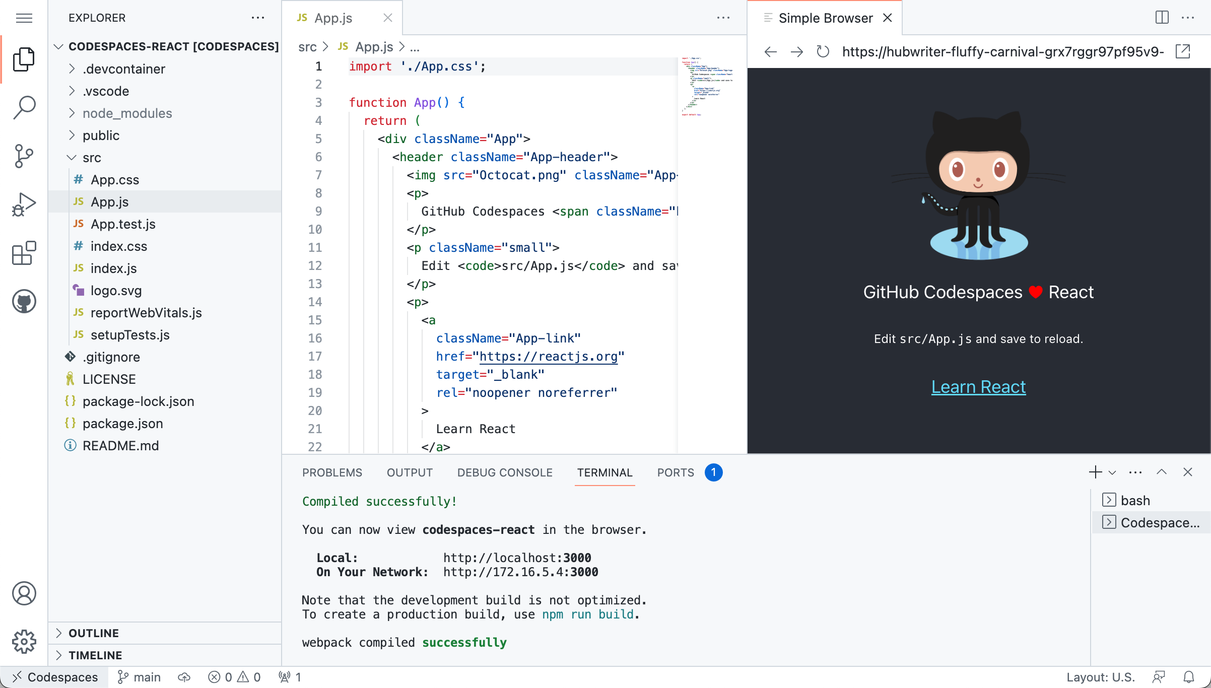 Capture d’écran du navigateur simple de VS Code
montrant l’application web dans le modèle React de GitHub.