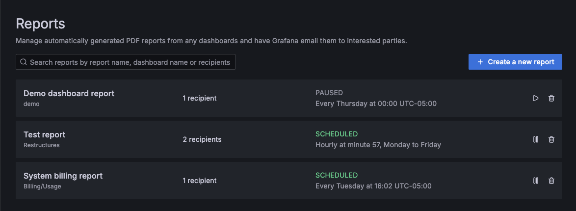 Reports page