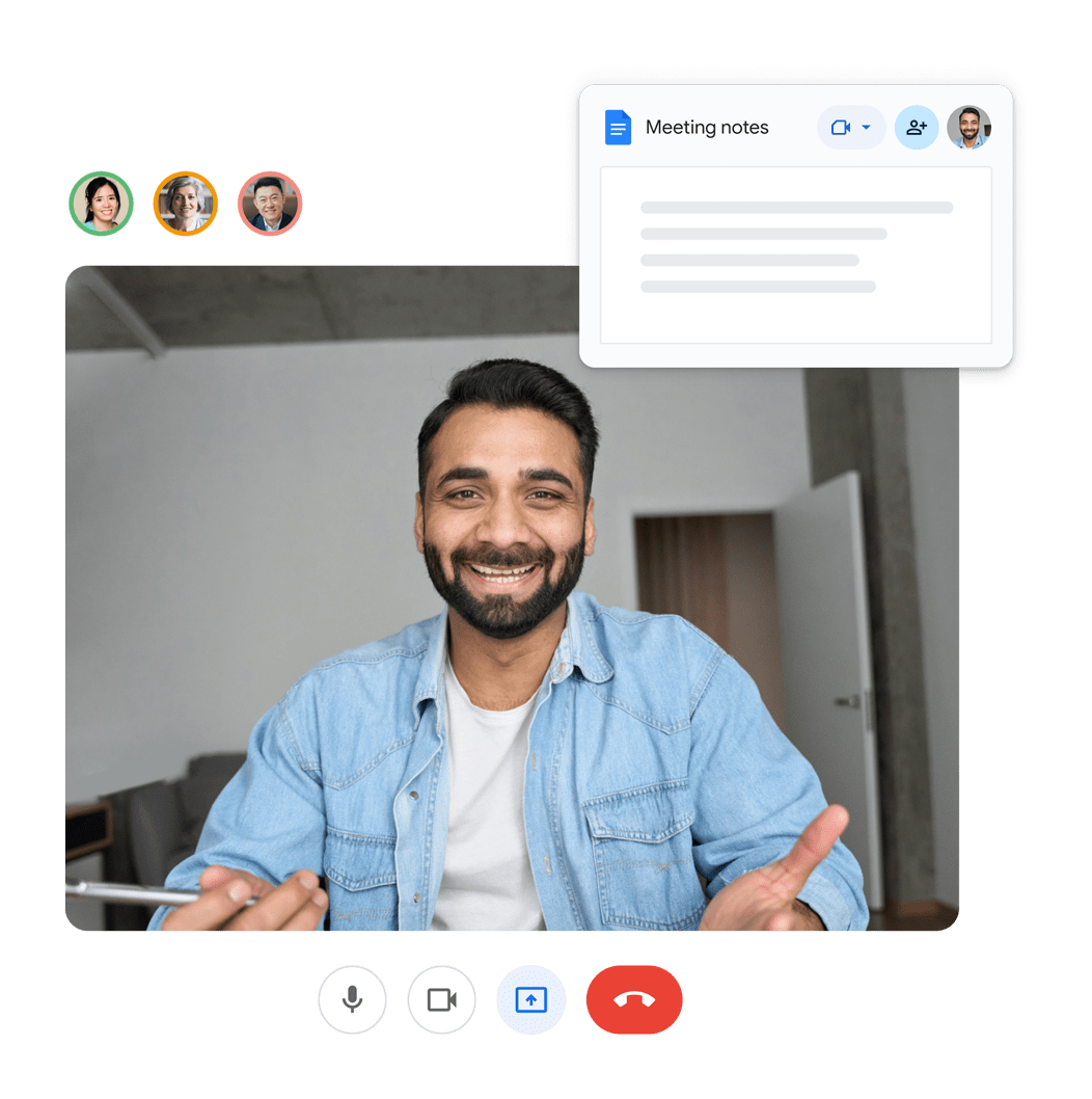 Personne participant à un appel avec trois autres personnes, un pop-up indique "Meeting notes".