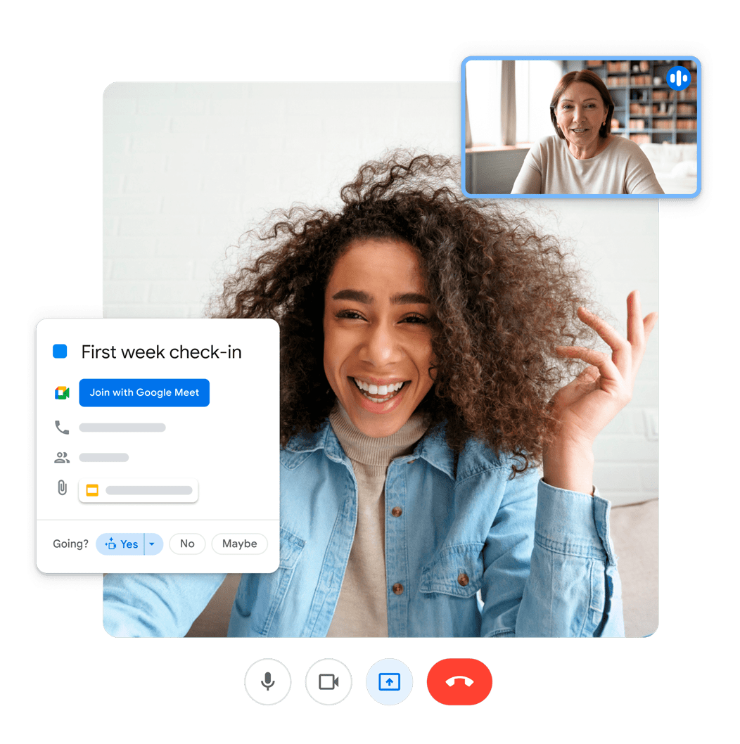Deux personnes dans un chat Google Meet intitulé "First week check-in".