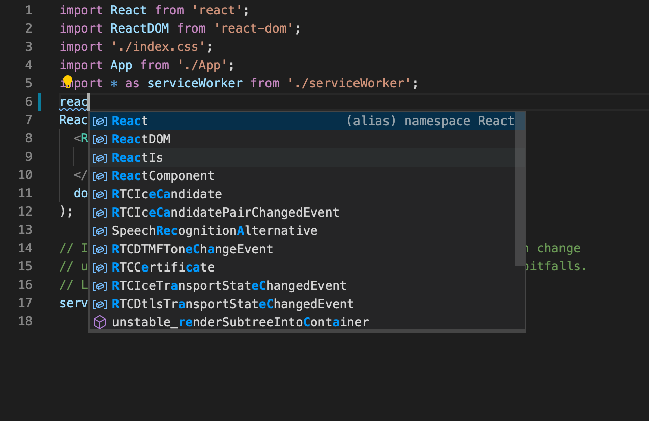 React Intellisense suggestions