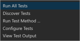 Test commands that appear after using the Run Tests status bar command