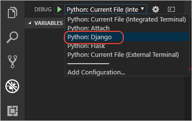 Django tutorial: selecting the Django debugging configuration