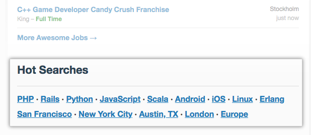 Seção Hot Searches (Pesquisas do momento) do GitHub