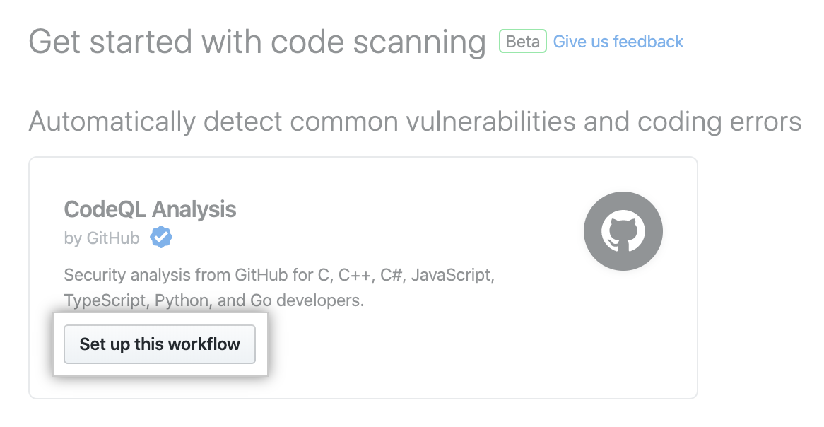 "Get started with code scanning" 見出しの下の "Set up this workflow" ボタン