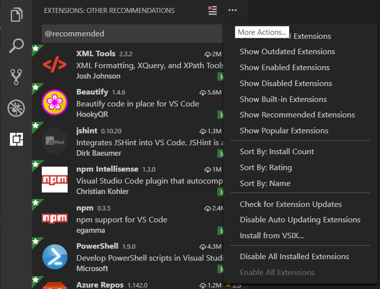 show recommended extensions