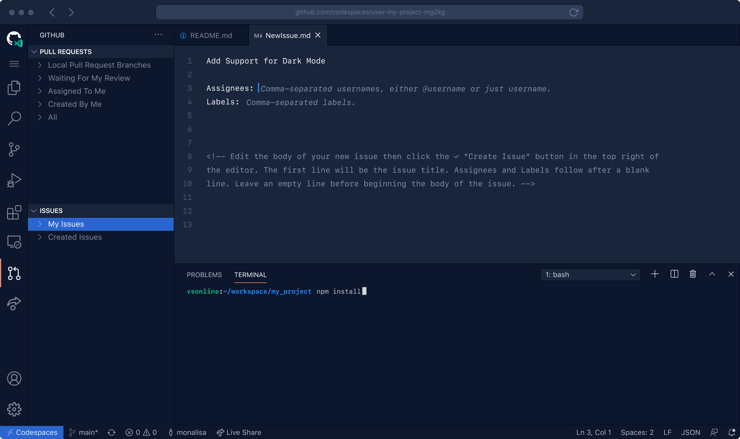 VS Code running in the browser with your project's code and development environment running. A terminal panel is visiable in the editor.