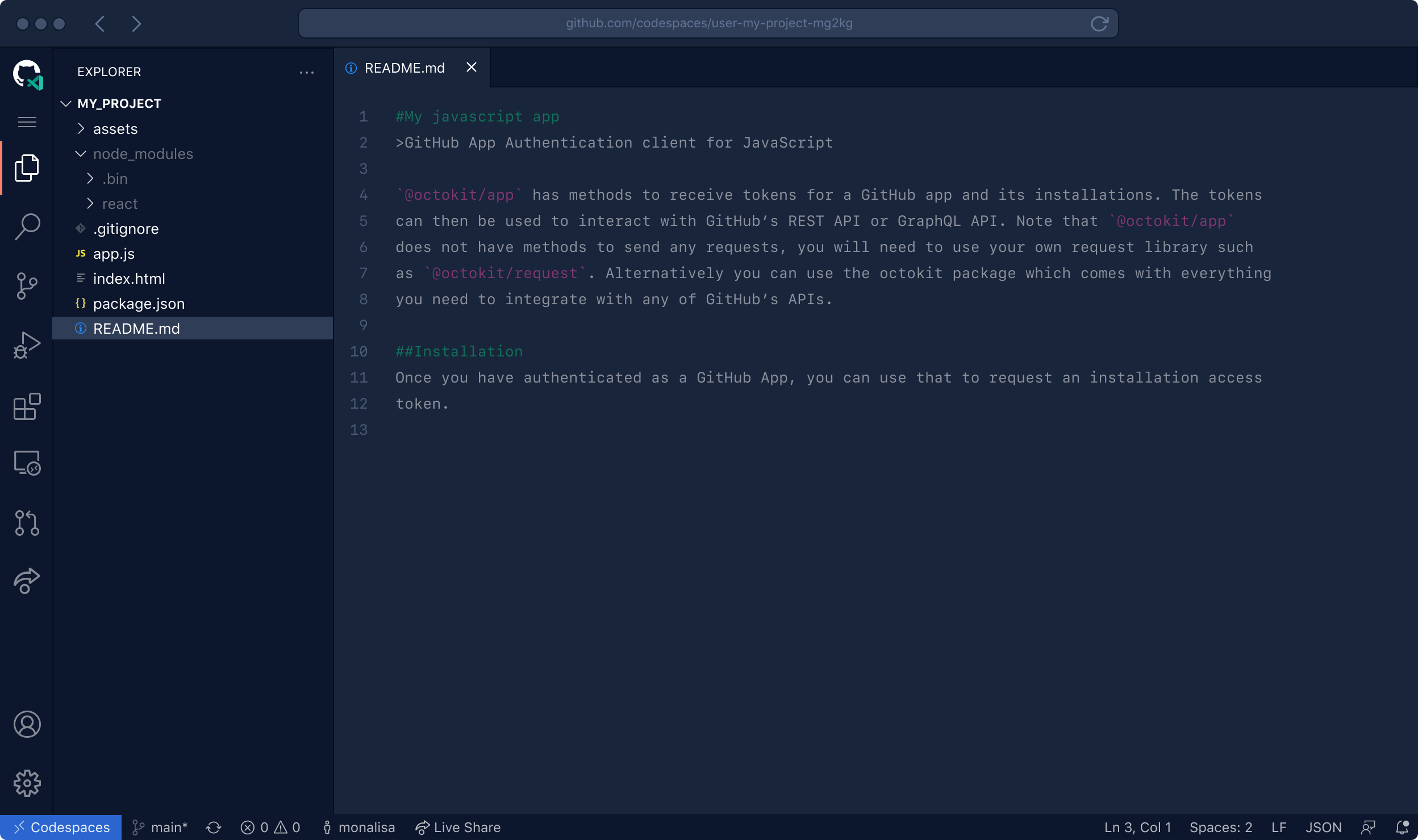VS Code running in the browser with your project's code and development environment running. A terminal panel is visiable in the editor.