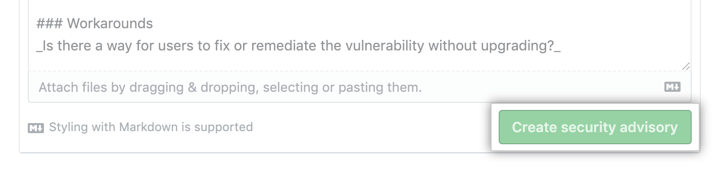 Schaltfläche „Create security advisory" (Sicherheitshinweis erstellen)