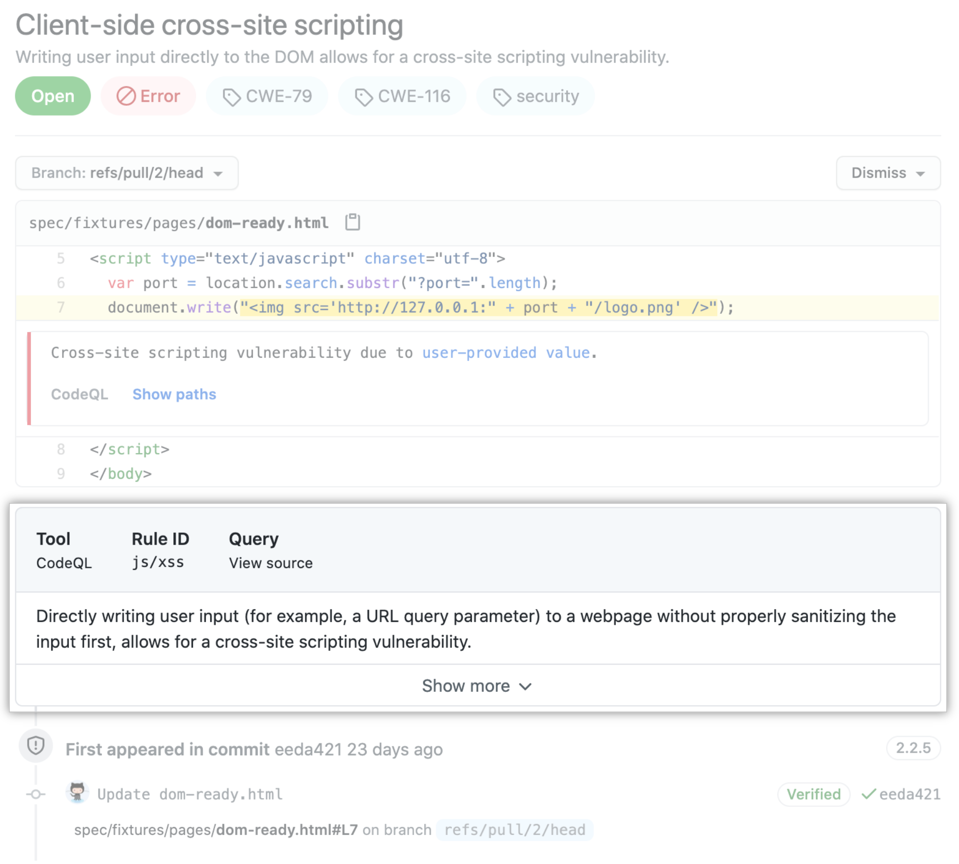 Example of "Show more details" for a code scanning alert in a pull request