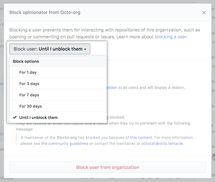 Limite de tempo de bloqueio no menu suspenso Block user (Bloquear usuário)
