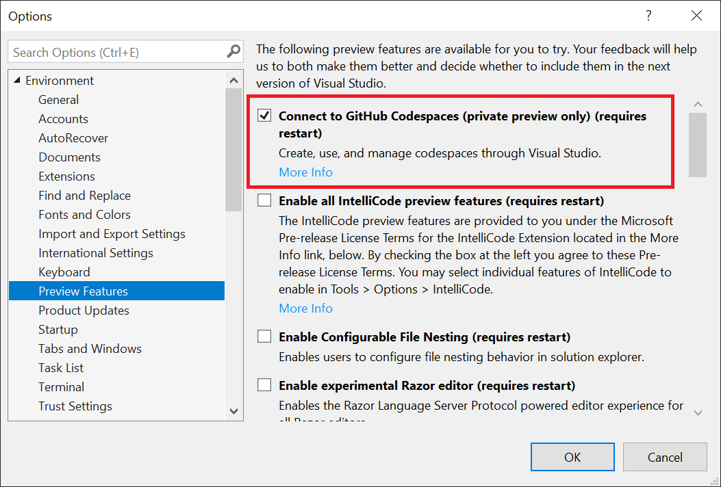 Check the Connect to GitHub Codespaces preview feature