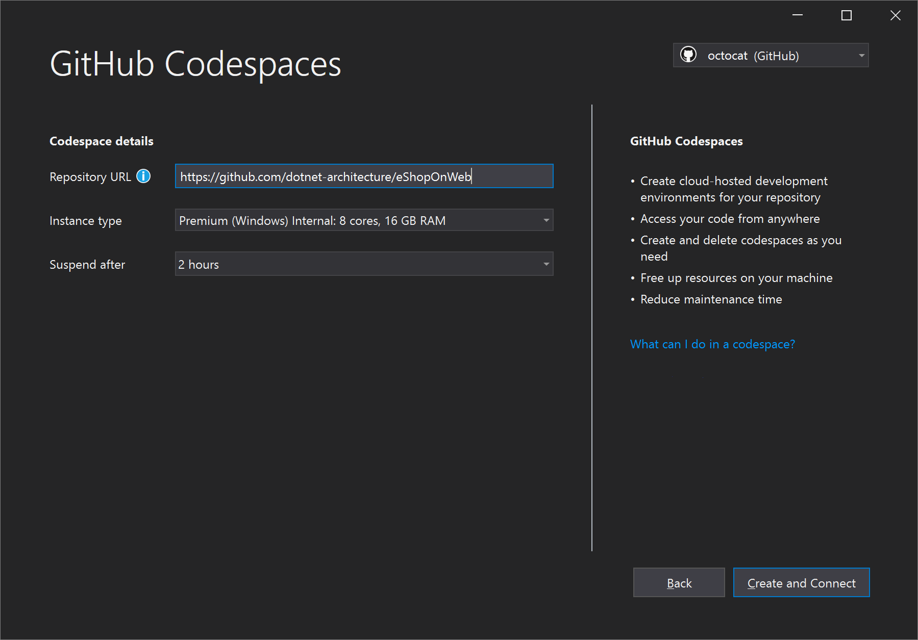Visual Studio codespace details