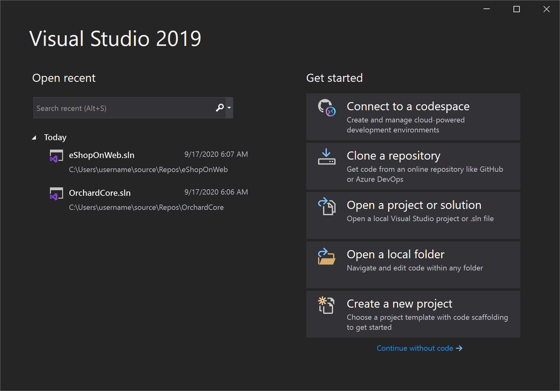 Visual Studio Start window with Connect to a codespace