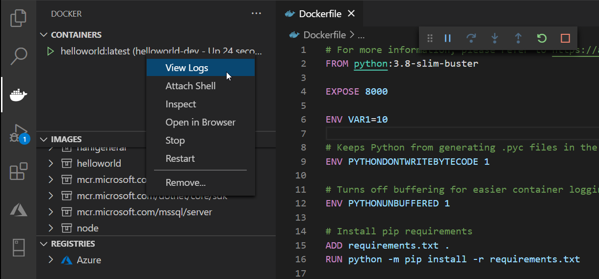 Viewing the logs of a container