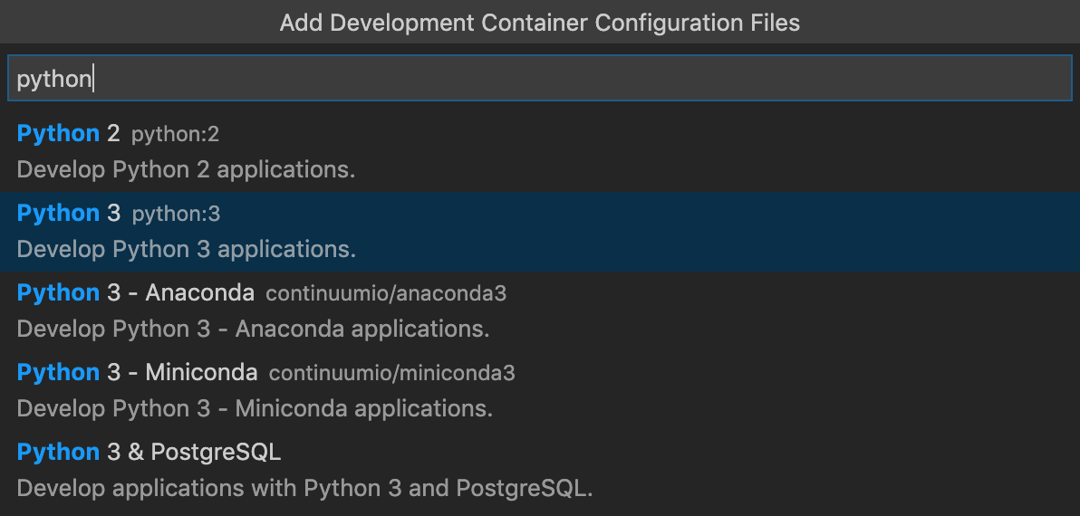 Select a python dev container definition
