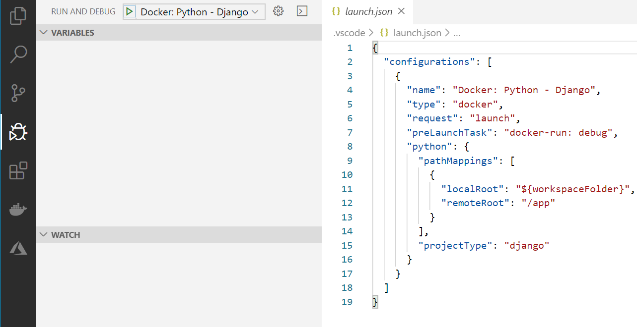 Selected Docker debug configuration