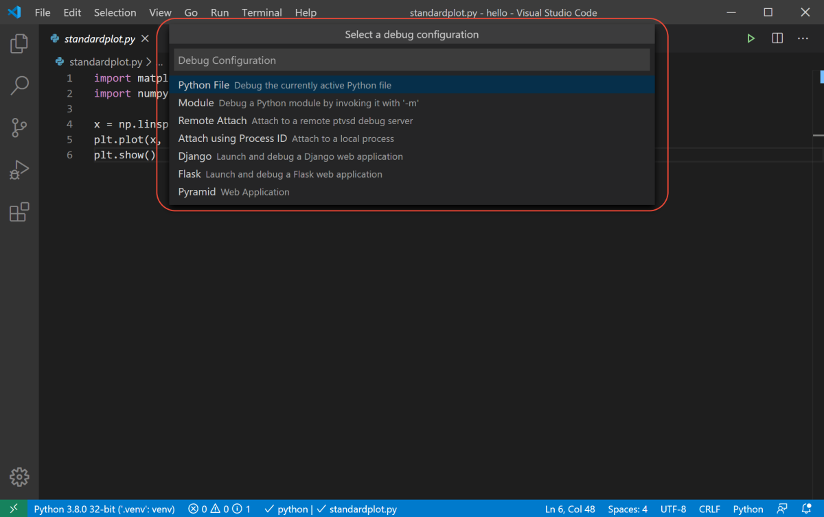 Debug configurations menu
