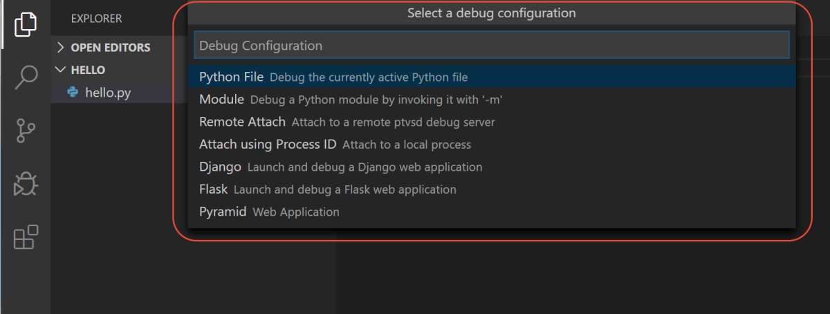Debug configurations after launch.json is created