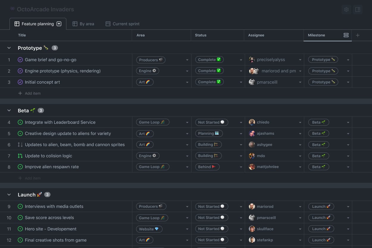 Illustration of project table view with cards grouped by 'Feature planning' phase.