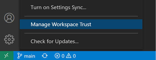 Manage Workspace Trust command in the Manage gear context menu