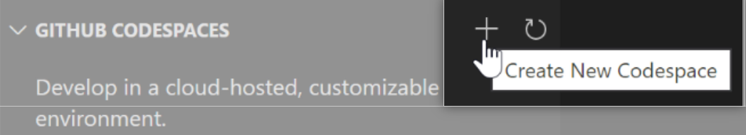 A opção "Criar novo codespace" em Codespaces