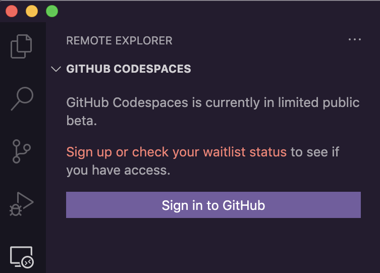Registrar-se para visualizar Codespaces