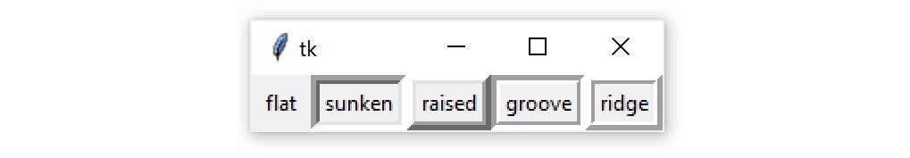 A Tkinter window containing 5 Frame widgets, each with one of the five relief values: tk.FLAT, tk.SUNKET, tk.RAISED, tk.GROOVE, and tk.RIDGE