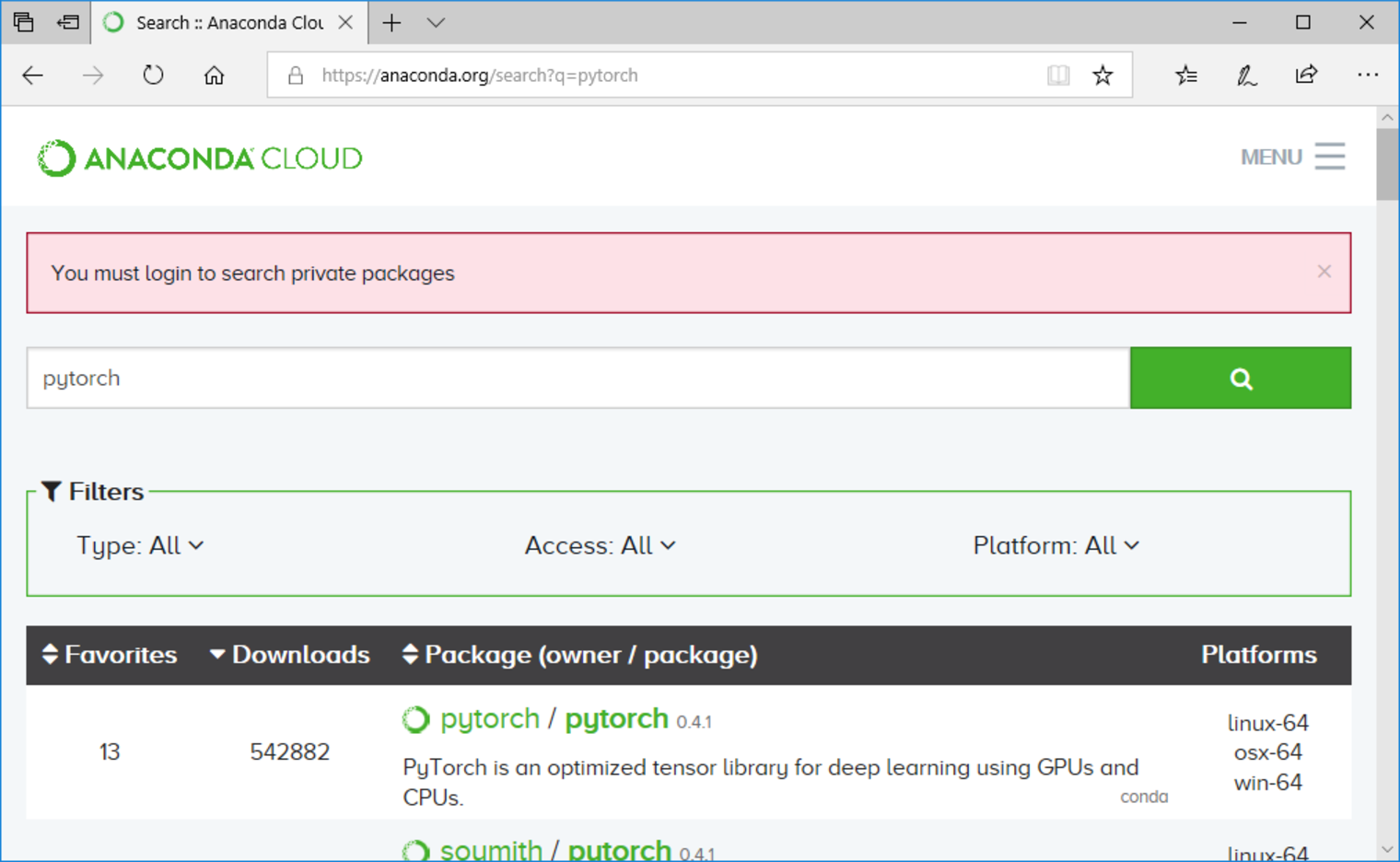 Anaconda Search for pytorch