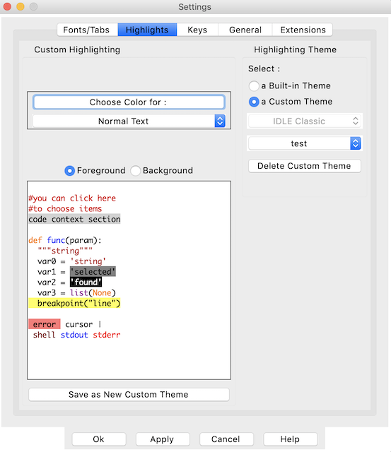 shows the syntax highlighting customization pane