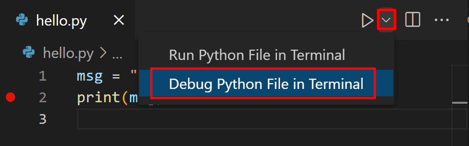 Using the debug Python file in terminal button
