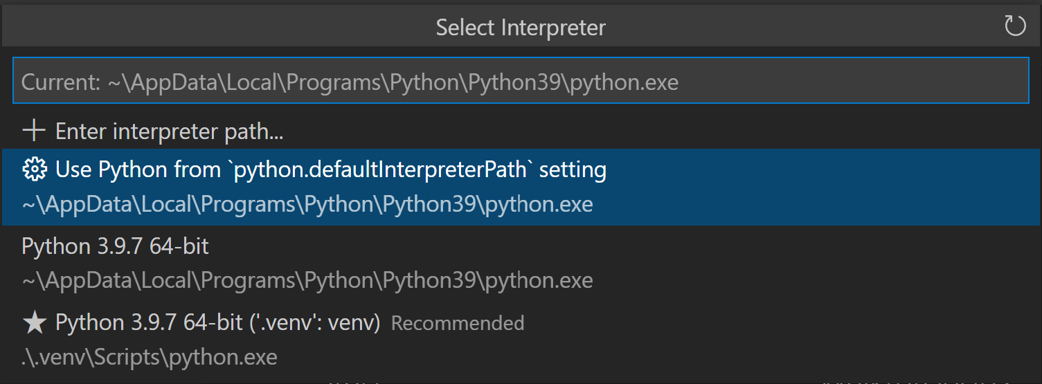 Flask tutorial: selecting the virtual environment for Python