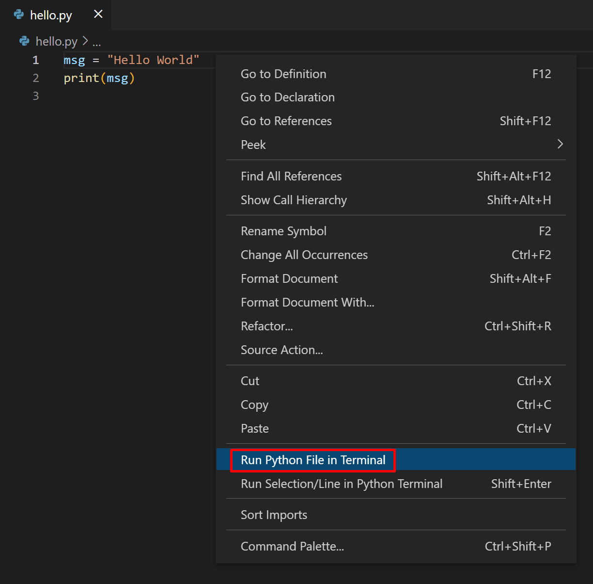 Run Python File in Terminal command in the Python editor