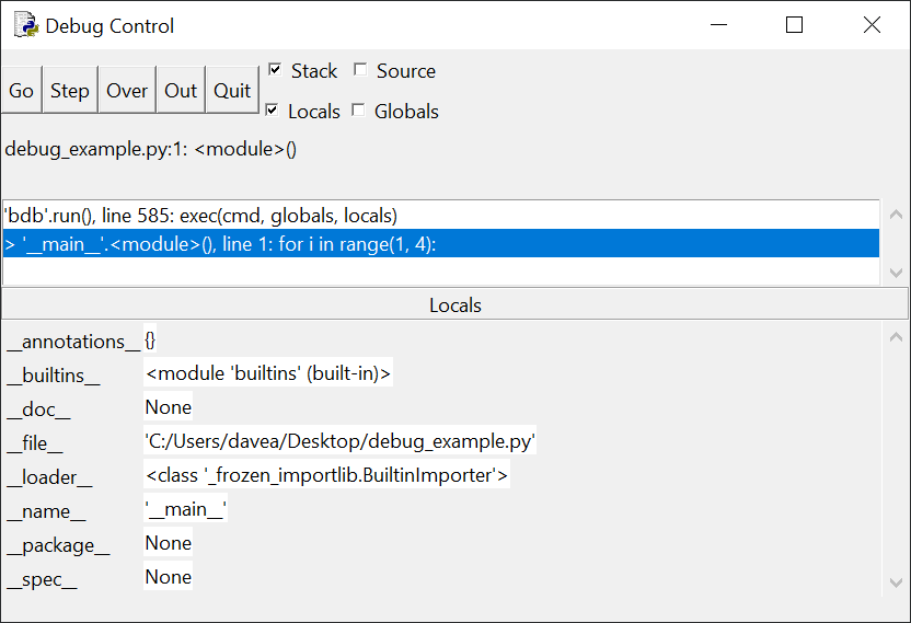 Image of IDLE's Debug window