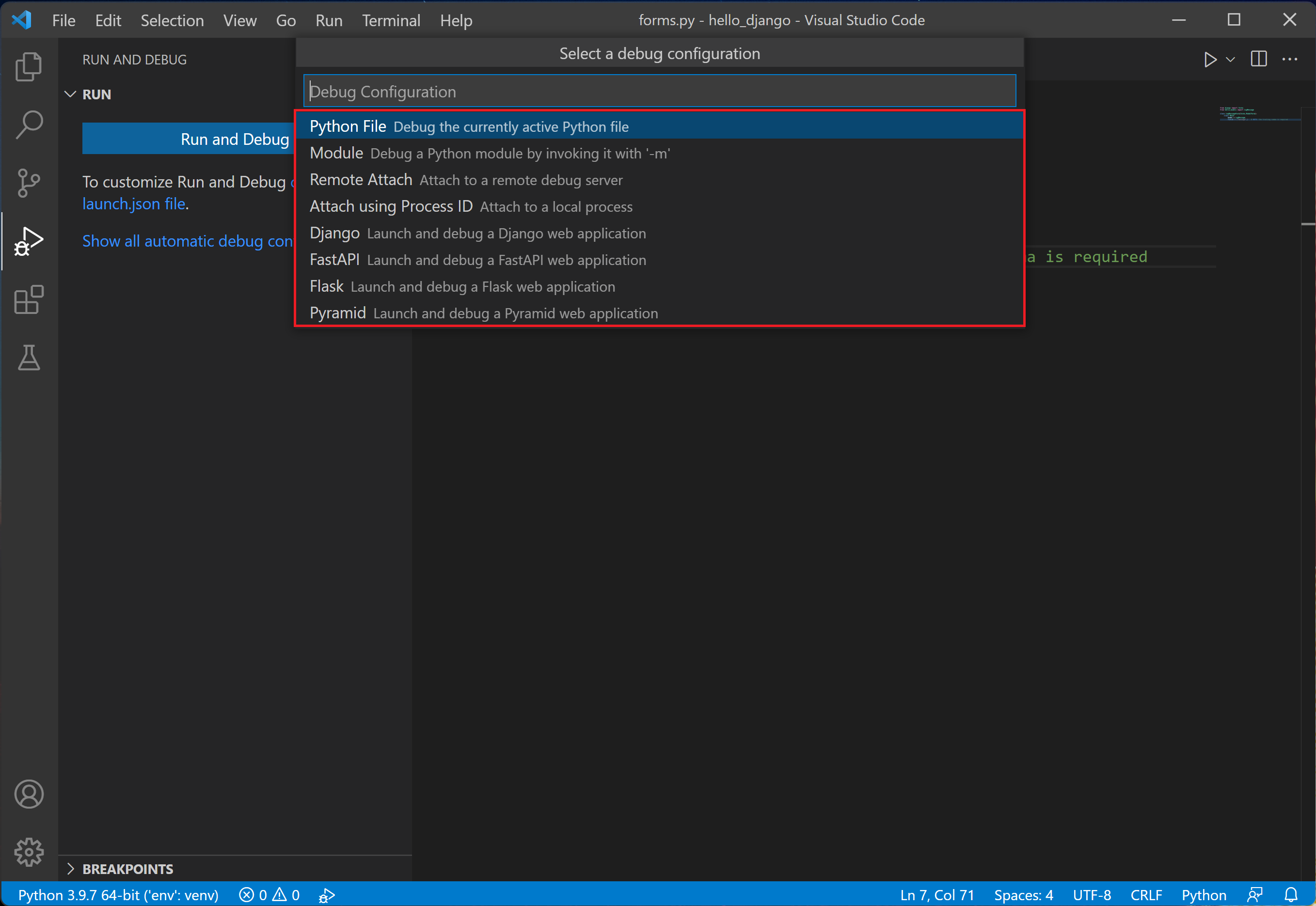Debug configurations menu