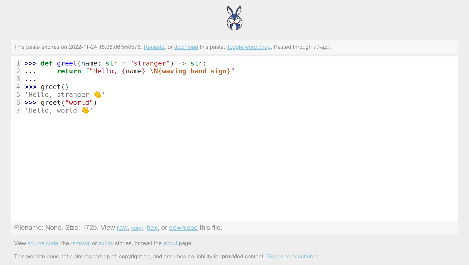 A REPL Session Shared Online Through the Default Pastebin (bpa.st)