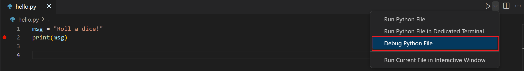 Using the debug Python file in terminal button