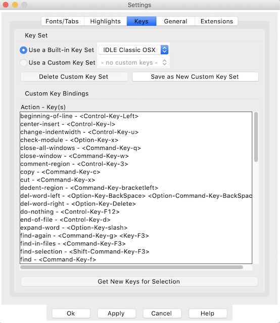 python idle settings keyboard shortcut customization pane