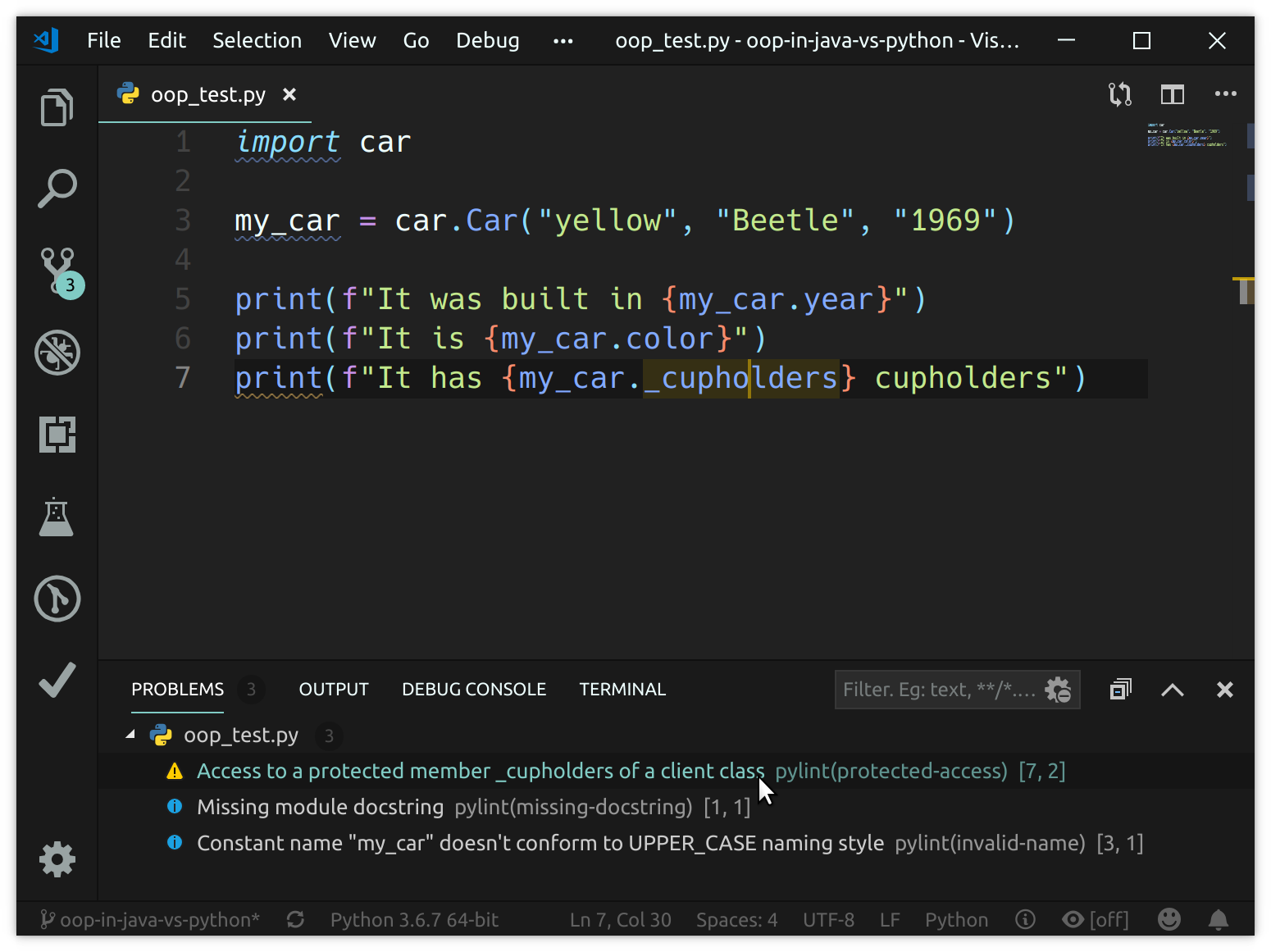 Linter highlighting a PEP8 issue in Python.