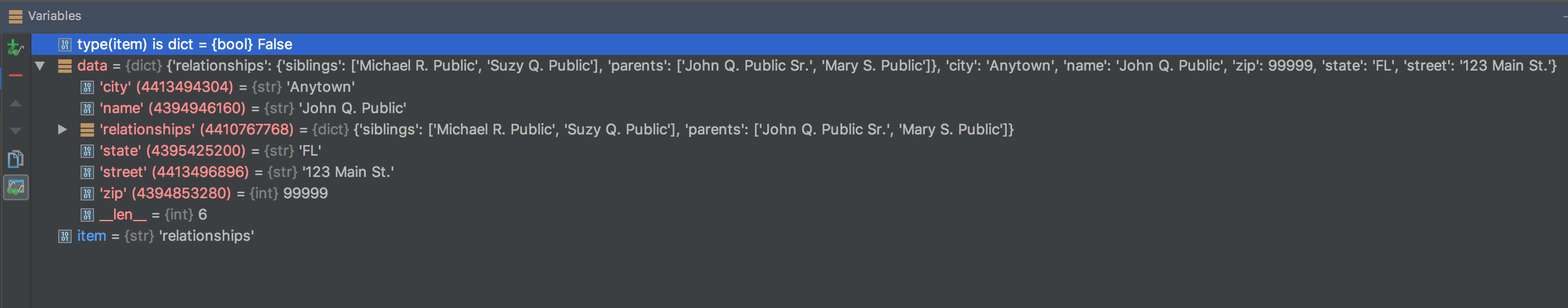 Python Debugger Screenshot: Watching Variables