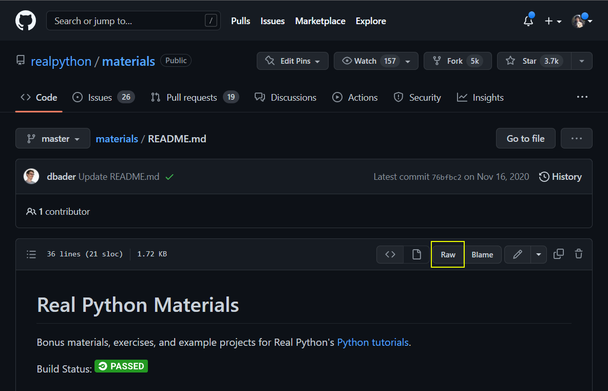 The "Raw" button on a GitHub file