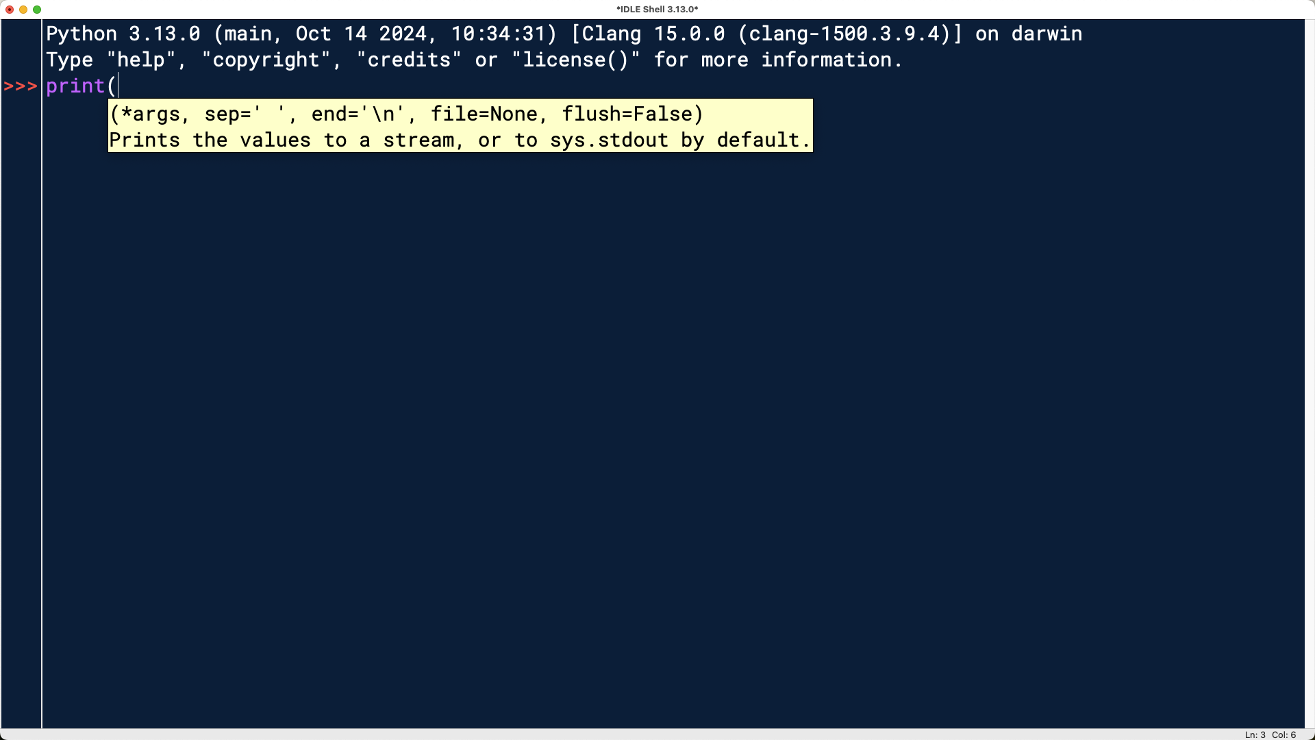 IDLE interactive window displaying a tooltip of the print() function